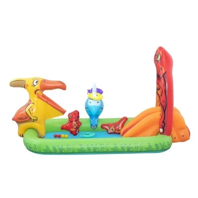 bestway jurassic splash play center 1 pool 3 fish shaped rings 1 triceratops ring target 1 pteranodon ball catch 1 pteranodon 1 t-rex 4 play balls repair patch age 2